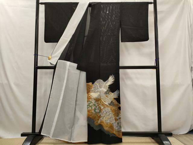 平和屋着物＊夏物　黒留袖　絽　刺繍　流水飛鶴花文　金糸　金彩　洗える着物　AABJ8901st