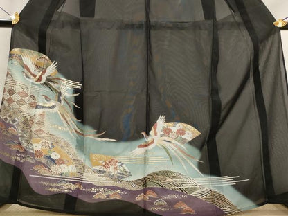 平和屋着物＊夏物　黒留袖　絽　鳳凰花松文　暈し染め　金彩　洗える着物　AABJ8902st