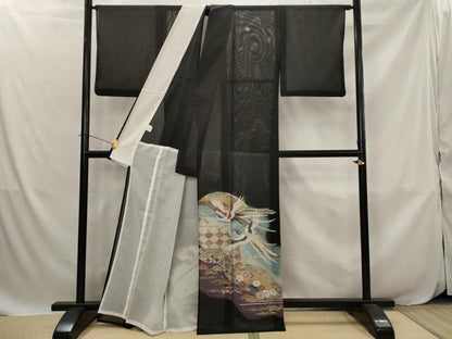 平和屋着物＊夏物　黒留袖　絽　鳳凰花松文　暈し染め　金彩　洗える着物　AABJ8902st