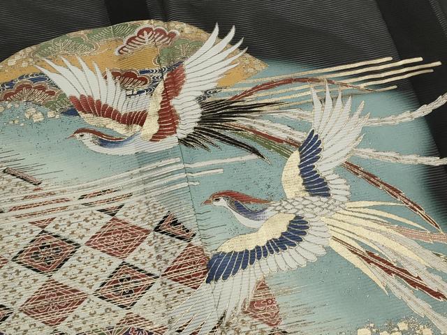 平和屋着物＊夏物　黒留袖　絽　鳳凰花松文　暈し染め　金彩　洗える着物　AABJ8902st
