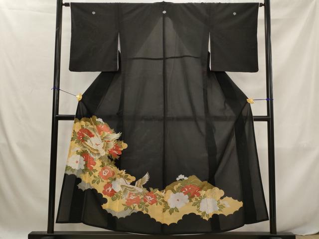 平和屋着物＊夏物　黒留袖　絽　刺繍　飛鶴花文　金糸　金彩　洗える着物　AABJ8903st