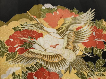 平和屋着物＊夏物　黒留袖　絽　刺繍　飛鶴花文　金糸　金彩　洗える着物　AABJ8903st