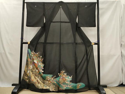 平和屋着物＊夏物　黒留袖　絽　花車文　暈し染め　金彩　洗える着物　AABJ8904st