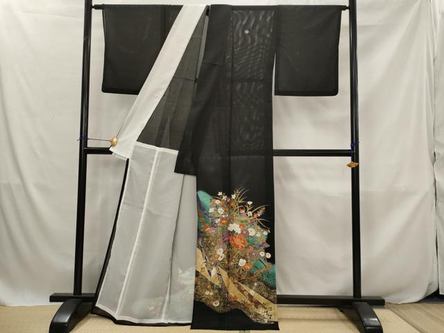 平和屋着物＊夏物　黒留袖　絽　花車文　暈し染め　金彩　洗える着物　AABJ8904st
