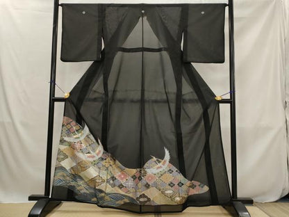 平和屋着物＊夏物　黒留袖　絽　飛鶴花菱文　金彩　洗える着物　AABJ8905st