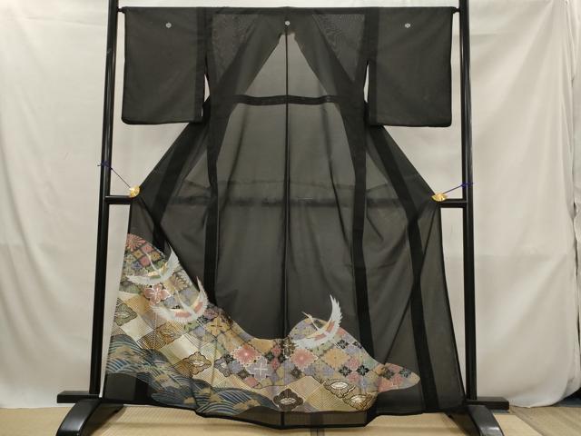 平和屋着物＊夏物　黒留袖　絽　飛鶴花菱文　金彩　洗える着物　AABJ8905st