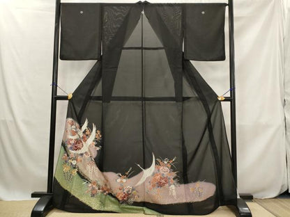 平和屋着物＊夏物　黒留袖　絽　飛鶴花文　暈し染め　洗える着物　AABJ8906st