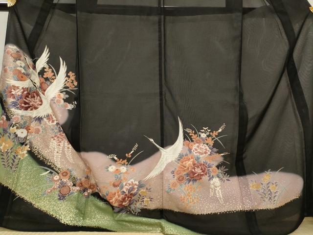 平和屋着物＊夏物　黒留袖　絽　飛鶴花文　暈し染め　洗える着物　AABJ8906st