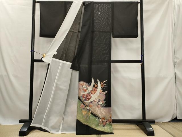 平和屋着物＊夏物　黒留袖　絽　飛鶴花文　暈し染め　洗える着物　AABJ8906st