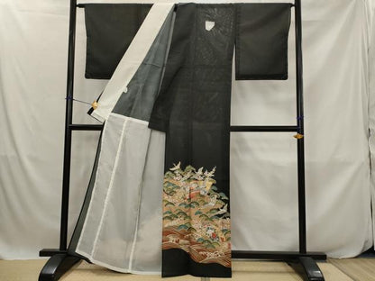 平和屋着物＊夏物　黒留袖　絽　地紙飛鶴花松文　金彩　洗える着物　未使用　AABJ8907st