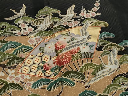 平和屋着物＊夏物　黒留袖　絽　地紙飛鶴花松文　金彩　洗える着物　未使用　AABJ8907st