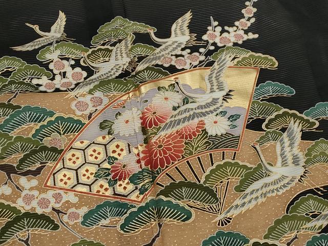 平和屋着物＊夏物　黒留袖　絽　地紙飛鶴花松文　金彩　洗える着物　未使用　AABJ8907st