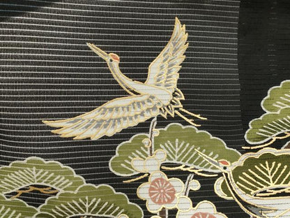 平和屋着物＊夏物　黒留袖　絽　地紙飛鶴花松文　金彩　洗える着物　未使用　AABJ8907st