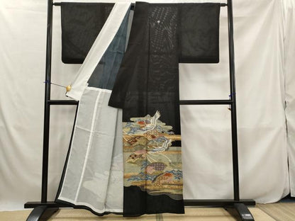 平和屋着物＊夏物　黒留袖　絽　吉祥扇飛鶴文　金彩　洗える着物　AABJ8908st