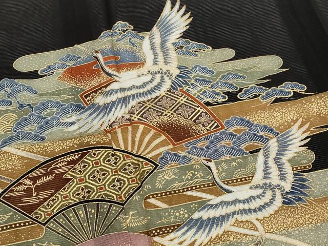 平和屋着物＊夏物　黒留袖　絽　吉祥扇飛鶴文　金彩　洗える着物　AABJ8908st