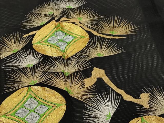 平和屋着物＊夏物　黒留袖　絽　駒刺繍　花菱松文　金銀糸　洗える着物　AABJ8911st