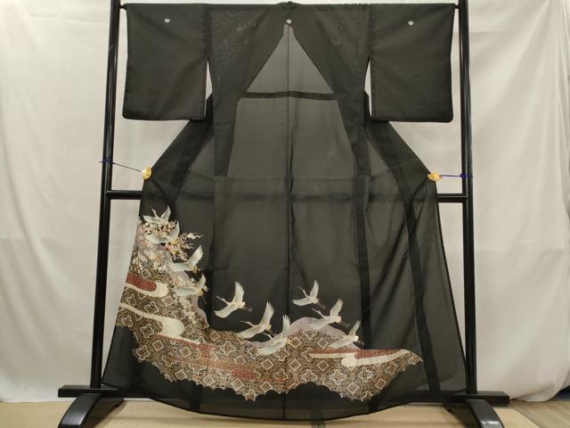 平和屋着物＊夏物　黒留袖　絽　飛鶴花文　金彩　洗える着物　AABJ8912st