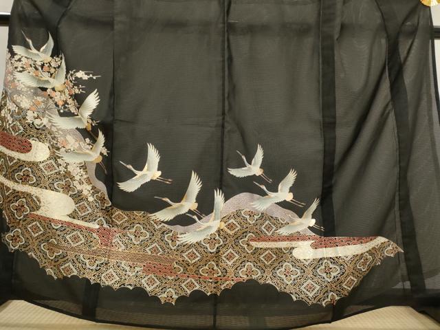平和屋着物＊夏物　黒留袖　絽　飛鶴花文　金彩　洗える着物　AABJ8912st