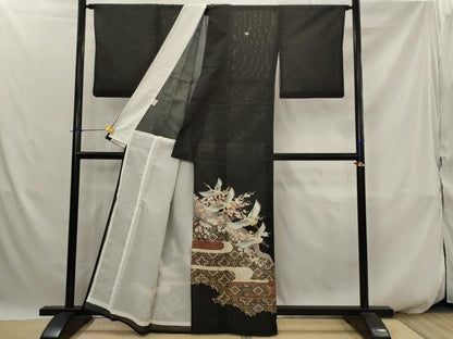 平和屋着物＊夏物　黒留袖　絽　飛鶴花文　金彩　洗える着物　AABJ8912st