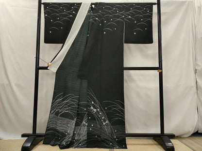 平和屋着物＊夏物　訪問着　絽縮緬　勝虫　黒地　洗える着物　AABJ8913st