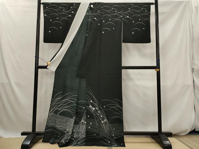 平和屋着物＊夏物　訪問着　絽縮緬　勝虫　黒地　洗える着物　AABJ8913st