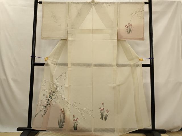 平和屋着物＊夏物　訪問着　友禅　紗　枝花文　暈し染め　正絹　逸品　AABJ8918st