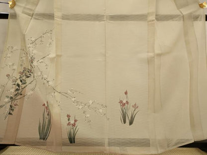 平和屋着物＊夏物　訪問着　友禅　紗　枝花文　暈し染め　正絹　逸品　AABJ8918st