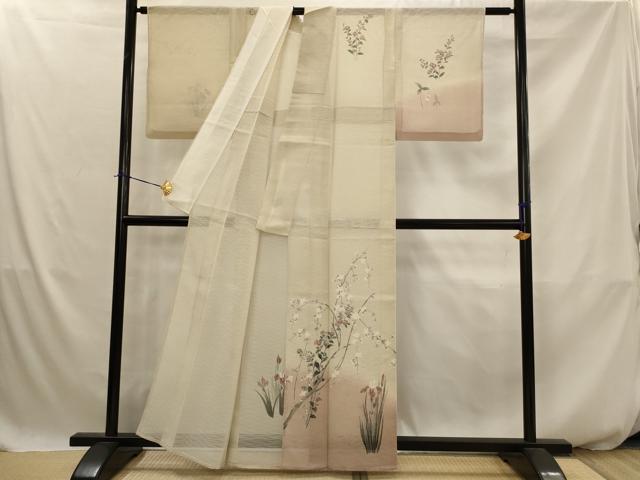 平和屋着物＊夏物　訪問着　友禅　紗　枝花文　暈し染め　正絹　逸品　AABJ8918st