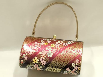 平和屋着物▼和装小物　和装バッグ　振袖用　ハンドバッグ　エナメル　斜縞　桜　金彩　暈し　逸品　AABJ8933ay