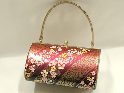 平和屋着物▼和装小物　和装バッグ　振袖用　ハンドバッグ　エナメル　斜縞　桜　金彩　暈し　逸品　AABJ8933ay