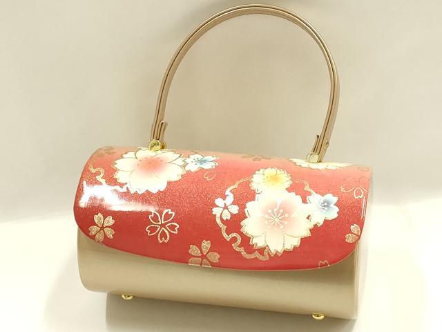 平和屋着物▼和装小物　和装バッグ　振袖用　ハンドバッグ　エナメル　雪輪花文　金彩　マグネット式　逸品　AABJ8943ay