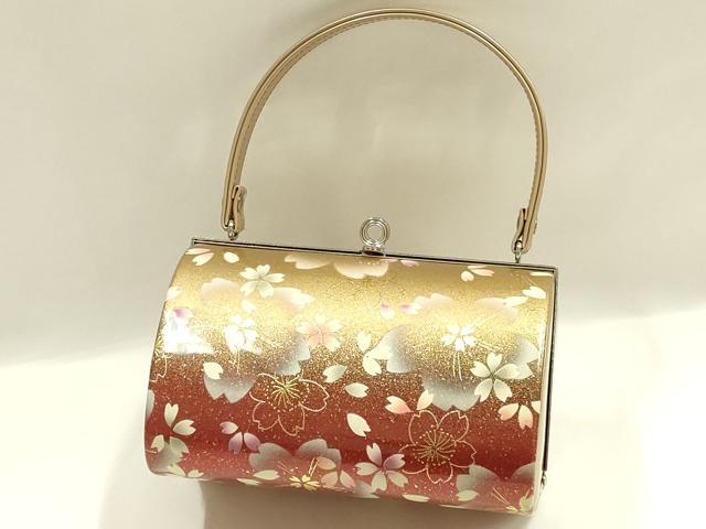 平和屋着物▼和装小物　和装バッグ　振袖用　ハンドバッグ　エナメル　舞花文　桜　金彩　暈し　逸品　AABJ8947ay