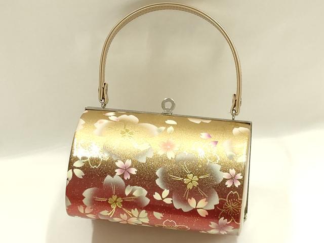 平和屋着物▼和装小物　和装バッグ　振袖用　ハンドバッグ　エナメル　舞花文　桜　金彩　暈し　逸品　AABJ8947ay