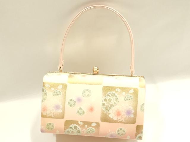 平和屋着物▼和装小物　和装バッグ　振袖用　ハンドバッグ　MICHELE MARTUCCI　エナメル　市松花文　金銀彩　逸品　AABJ8955ay