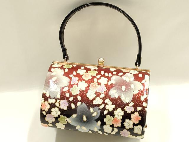 平和屋着物▼和装小物　和装バッグ　振袖用　ハンドバッグ　エナメル　舞花文　桜　金彩　暈し　逸品　AABJ8958ay