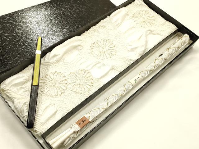 平和屋着物●和装小物　帯締め・帯揚げ・扇子セット　唐組　柄絞り　花柄　菊　金糸　金彩　正絹　逸品　未使用　AABJ8978ay