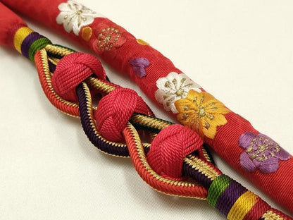 平和屋本店●和装小物　振袖用帯締め・帯揚げセット　丸ぐけ　刺繍　装飾　小田巻　総絞り　枝垂れ花文　金糸　撚り房　逸品　AABJ8983ay