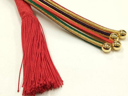 平和屋本店●和装小物　振袖用帯締め・帯揚げセット　丸ぐけ　刺繍　装飾　小田巻　総絞り　枝垂れ花文　金糸　撚り房　逸品　AABJ8983ay