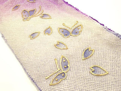 平和屋本店●和装小物　振袖用帯締め・帯揚げセット　装飾　舞蝶花文　金糸　金彩　暈し染め　撚り房　逸品　未使用　AABJ8995ay