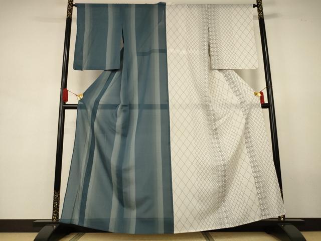 平和屋着物＊夏物　小紋　紗　片身替わり　格子　縞　洗える着物　AABJ9014jd