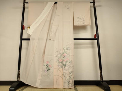 平和屋着物＊夏物　訪問着　縦絽　手描き　草花文　暈し染め　正絹　逸品　AABJ9025jd