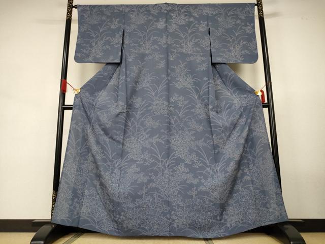平和屋着物＊夏物　小紋　縦絽　草花文　正絹　逸品　AABJ9027jd