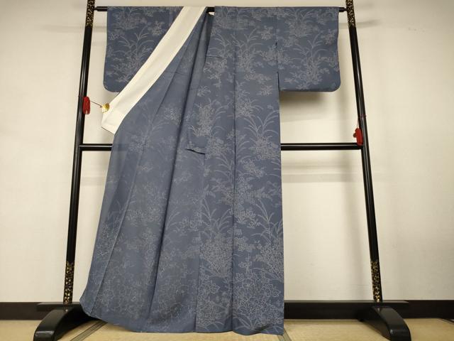 平和屋着物＊夏物　小紋　縦絽　草花文　正絹　逸品　AABJ9027jd