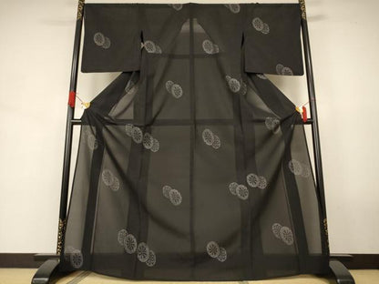 平和屋着物＊夏物　本場大島紬　夏大島　源氏車紋　黒地　正絹　逸品　AABJ9028jd