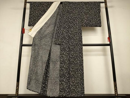 平和屋着物＊夏物　小紋　縦絽　茶道具　黒地　正絹　逸品　AABJ9032jd
