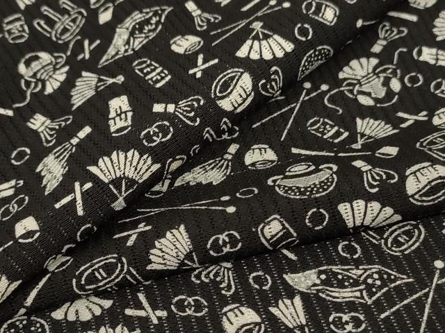 平和屋着物＊夏物　小紋　縦絽　茶道具　黒地　正絹　逸品　AABJ9032jd