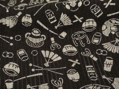 平和屋着物＊夏物　小紋　縦絽　茶道具　黒地　正絹　逸品　AABJ9032jd
