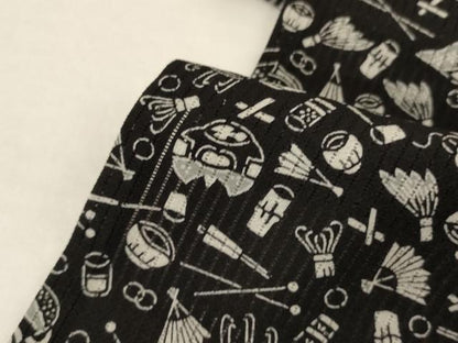 平和屋着物＊夏物　小紋　縦絽　茶道具　黒地　正絹　逸品　AABJ9032jd