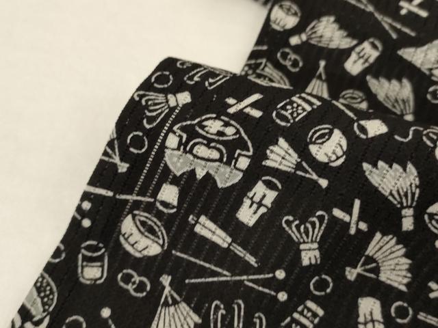 平和屋着物＊夏物　小紋　縦絽　茶道具　黒地　正絹　逸品　AABJ9032jd