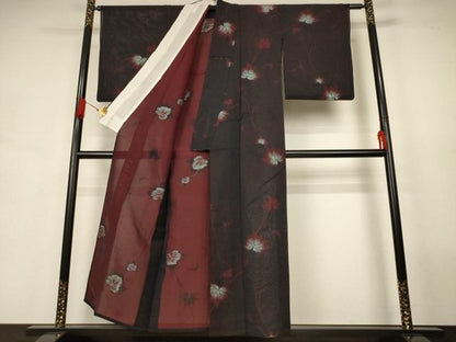 平和屋着物＊夏物　小紋　紗　蔦の葉文　銀糸　正絹　逸品　AABJ9062jd